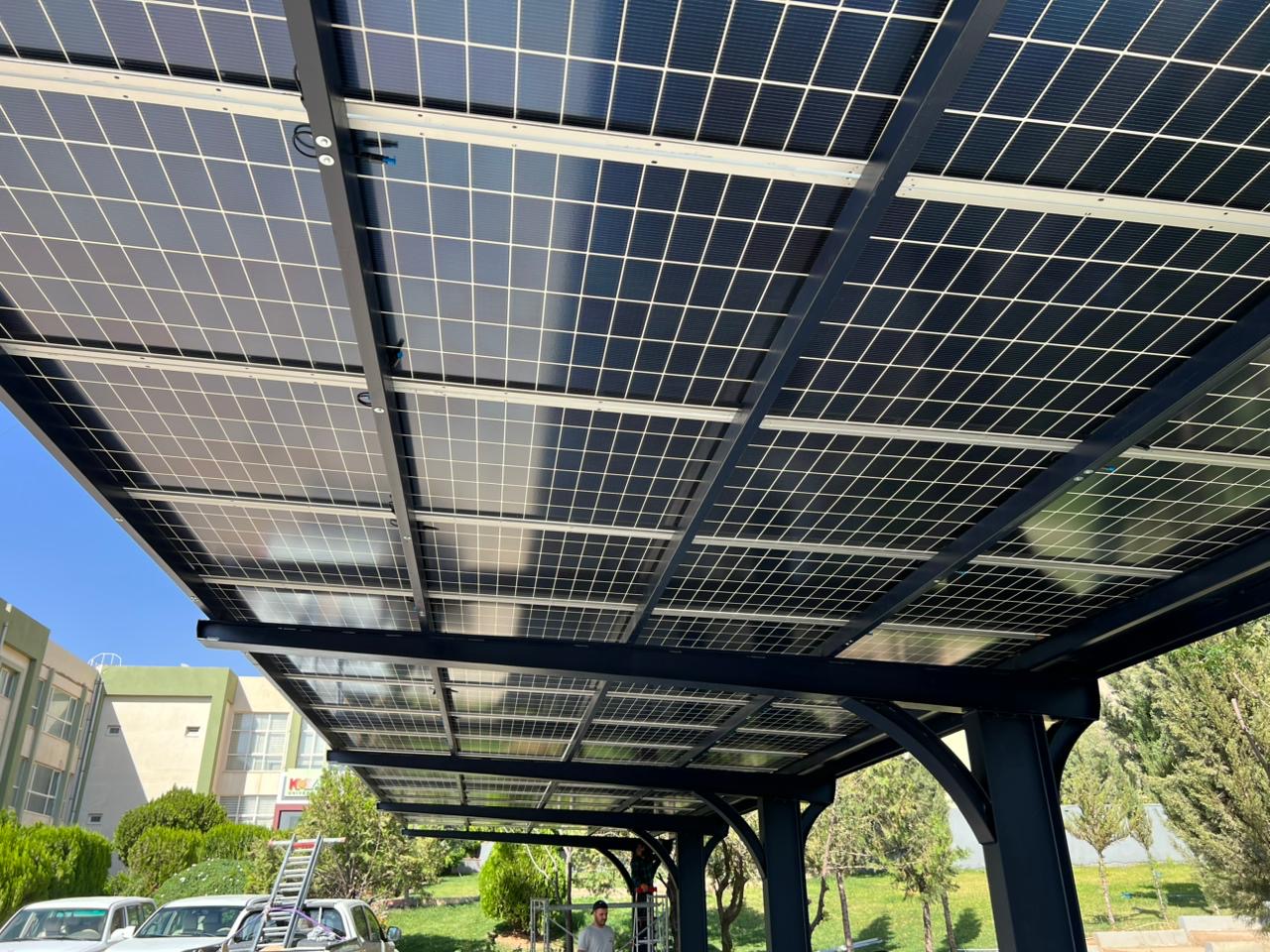 Underside view of Koya University solar carport installation